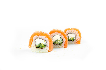 philadelphia maki rolls on white background
