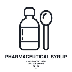 Pharmaceutical syrup with dosage spoon editable stroke outline icon isolated on white background vector illustration. Pixel perfect. 64 x 64.