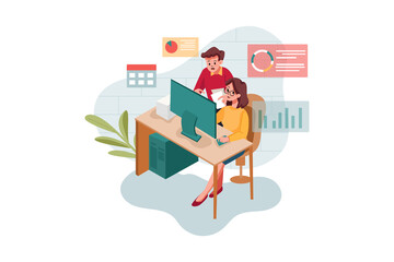 Male and female employee doing online marketing