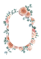 Watercolor hand drawn roses and eucalyptus frame.