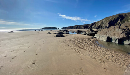 View of Marloes Sands Beach on the Pembrokeshire coast path in Wales