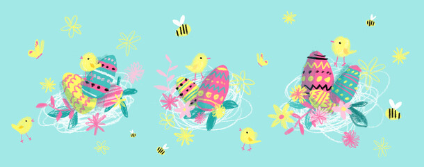 Fototapeta na wymiar Easter eggs and easter chicks, spring, illustration