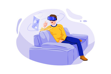 Man sitting on sofa at home wearing Virtual Reality headset