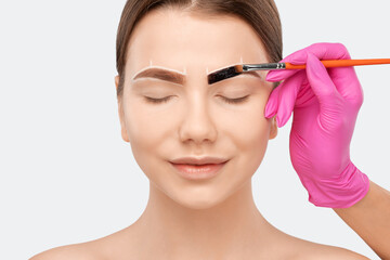 Fototapeta premium Make-up artist makes markings with white pencil for eyebrow and paints eyebrows. Professional makeup and facial care.