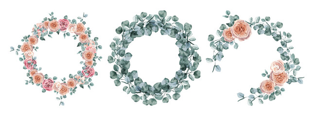 Watercolor hand drawn roses and eucalyptus wreaths.