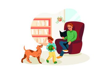 Man reading book while his kid playing with dog