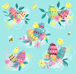 Fototapeta na wymiar Easter eggs and chicks, spring illustration