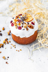 Easter festive cakes holidays colored easter eggs festive table setting. traditional baked goods sweet dessert christian holiday  meal top view copy space rustic food background 