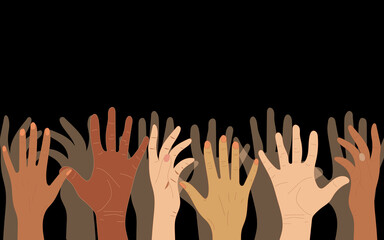 Obraz premium Hands of people with different skin colors, different nationalities and religions. Activists, feminists and other communities are fighting for equality. Black background. 