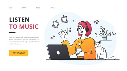 Young woman listening to music on stereo headphones