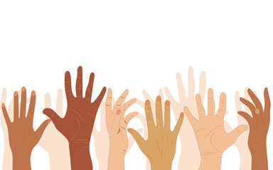 Hands of people with different skin colors, different nationalities and religions. Activists, feminists and other communities are fighting for equality. White background. 