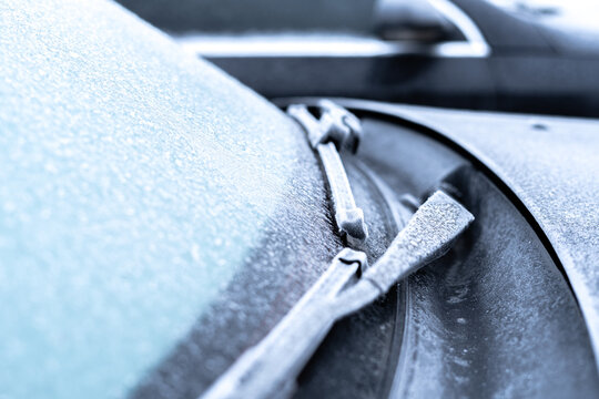 Frozen Windshield Wipers In Winter, Close-up