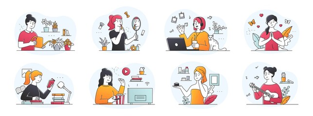 Modern young girl enjoying eight different activities at home