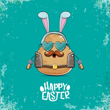vector rock star easter potato funny cartoon character with blue bunny ears isolated on an azure background. rock n roll easter party poster or happy easter greeting card