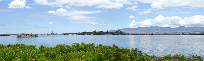 Panoramic View of Pearl Harbor, Oahu, Hawaii, USS Arizona and Missouri in the distance   