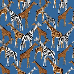 Blue background with giraffes who want to be zebras, tigers and leopards
