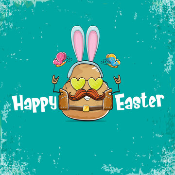 vector rock star easter potato funny cartoon character with blue bunny ears isolated on an azure background. rock n roll easter party poster or happy easter greeting card