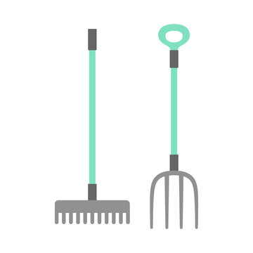 rake and pitchfork gardening tools, vector illustration, set with cartoon rake, pitchfork isolated on white