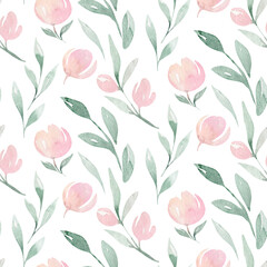 Spring bird seamless pattern on blooming branch with green leaves and flowers. Watercolor wallpaper backgraund wedding invitation card blossom painting. Hand drawn pink wreath design. 