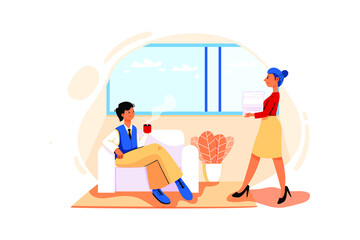 Director Room illustration concept. The secretary took lots of documents and walked into the director's room while he was drinking coffee