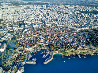Aerial photograph of Antalya bay in Antalya city from high point of drone fly on sunny day in in...