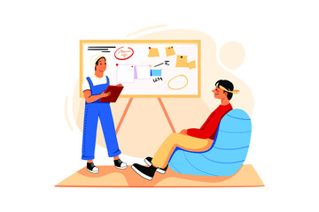 Designers are presenting creative ideas to the art director, Ideas are drawn on a board full of memory cards