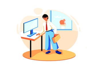 Marketing Analysis. An employee holding a briefcase standing next to the computer screen