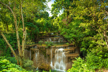 Fototapeta na wymiar Waterfalls in the tropical rain forest call is Huay Mae Khamin Waterfall , Kanchanaburi Provice , Thailand
