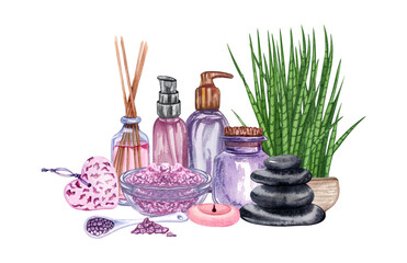 Obraz na płótnie Canvas watercolor SPA set. Bath collection of oil, flower, salt, towel, stones, candels, aroma stiks.
