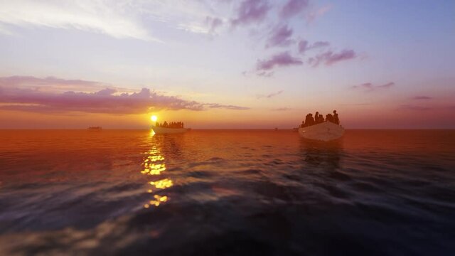 Refugees On Small Boats Against Beautiful Sunrise, Sailing Over Sea