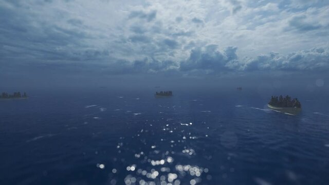 Refugees On Small Boats Sailing Over Sea Against Stormy Sky And Rain