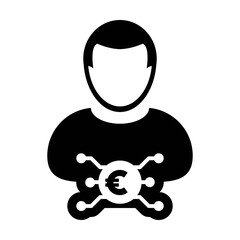Digital euro icon vector currency symbol with male user person profile avatar for digital currency in a glyph pictogram illustration