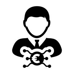 Euro icon vector digital currency symbol with male user person profile avatar for wallet in a glyph pictogram illustration