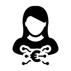 Euro icon vector digital money symbol with female user person profile avatar for wallet in a glyph pictogram illustration