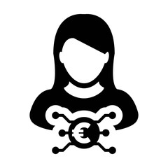 Euro icon vector digital currency symbol with female user person profile avatar for wallet in a glyph pictogram illustration