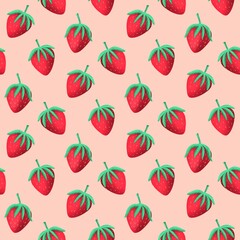 red Strawberry seamless pattern. Red berry. Texture for fabric, wrapping, wallpaper. Food print for kitchen tablecloth, curtain or dishcloth. Hand drawn doodle wallpaper. Strawberry background
