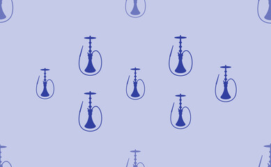 Seamless pattern of large isolated blue hookah symbols. The pattern is divided by a line of elements of lighter tones. Vector illustration on light blue background