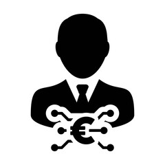 Money icon vector digital euro currency with male user person profile avatar for digital wallet in a glyph pictogram illustration