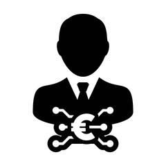 Money icon vector digital euro currency with male user person profile avatar for digital wallet in a glyph pictogram illustration