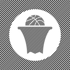 A large basketball symbol in the center as a hatch of black lines on a white circle. Interlaced effect. Seamless pattern with striped black and white diagonal slanted lines