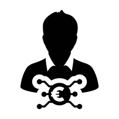 Avatar icon vector digital euro currency with male user person profile for digital wallet in a glyph pictogram illustration