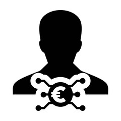 Money icon vector digital euro currency with male user person profile avatar for digital wallet in a glyph pictogram illustration