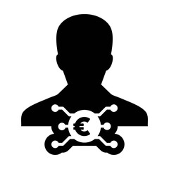Money icon vector digital euro currency with male user person profile avatar for digital wallet in a glyph pictogram illustration