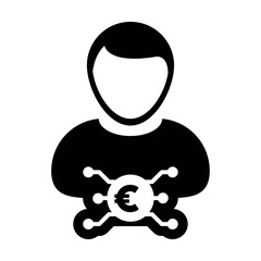 Market icon vector digital euro currency with male user person profile avatar for digital wallet in a glyph pictogram illustration