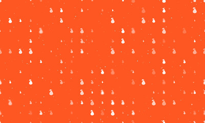 Seamless background pattern of evenly spaced white pear symbols of different sizes and opacity. Vector illustration on deep orange background with stars