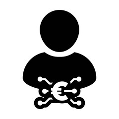 Digital money icon vector euro currency symbol with male user person profile avatar for digital currency in a glyph pictogram illustration