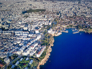 Aerial photograph of Antalya bay in Antalya city from high point of drone fly on sunny day in in...