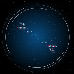 The wrench symbol filled with white dots. Pointillism style. Some dots is red. Vector illustration on blue background with stars