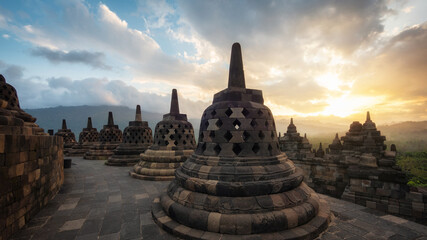 Ancient ruins of Borobudur, a 9th-century Mahayana Buddhist temple in Magelang Regency near...