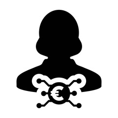 Digital euro icon vector currency symbol with female user person profile avatar for digital currency in a glyph pictogram illustration